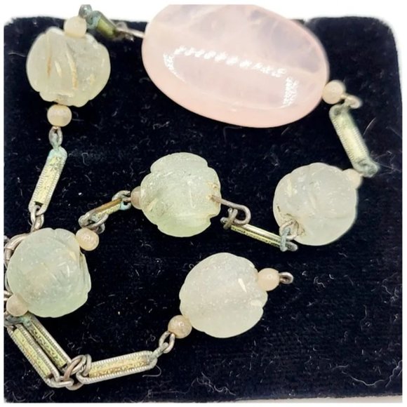 Flapper Art Deco Czech Jade Rose Quartz Enamel And Silver Bracelet (A2610) - Picture 2 of 7